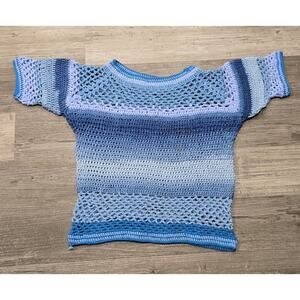 Handmade Crochet Blue Granny Square Knit Short Sleeve Shirt
